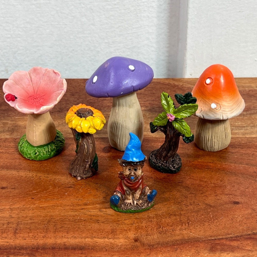6pc Miniature Fairy Garden Figurine Set Gnome Mushrooms Sunflower Ladybug Flower